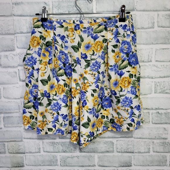 Vintage 90s Paris Blues Blue Yellow Floral Pleated High Waisted Flowy Shorts - Picture 7 of 7